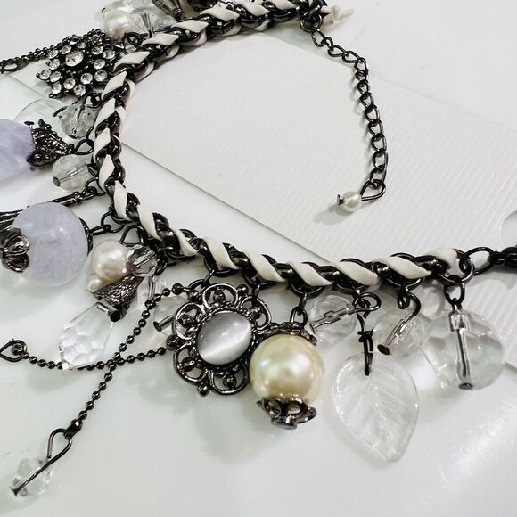 Art Glass Dangle Charm Bracelet Faux Pearl Leather Lilac Rhinestone Dangle - Picture 6 of 12